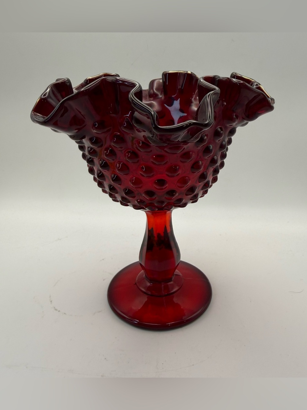 Fenton Ruby Red Hobnail Compote with Ruffled Edge